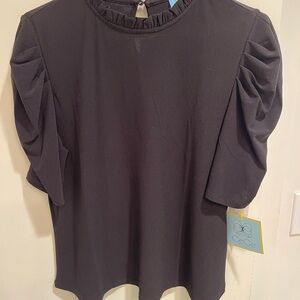 CeCe Black Ruffled Neck Puff-Sleeve Blouse